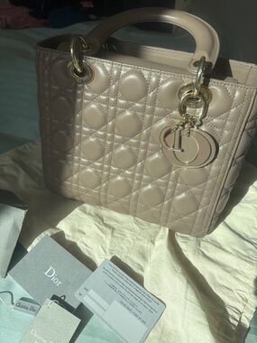 Dior Beige Quilted Lady Dior Top-Handle Satchel with Gold Hardware